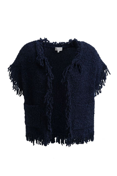 sleeveless roundneck vest with raveled thread on sleeve, neck