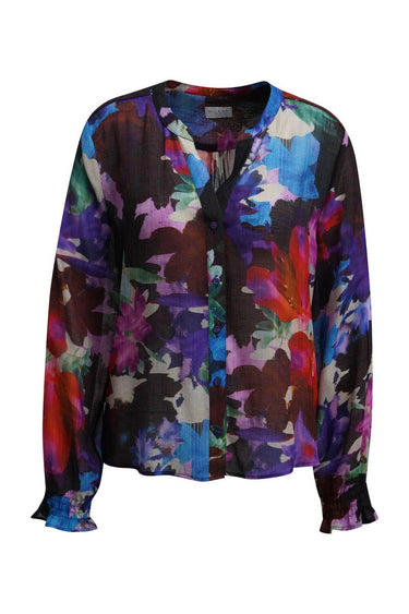 blouse with standing collar and 1/1 sleeve with elastic on cuff