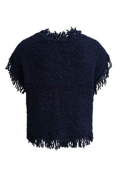 sleeveless roundneck vest with raveled thread on sleeve, neck